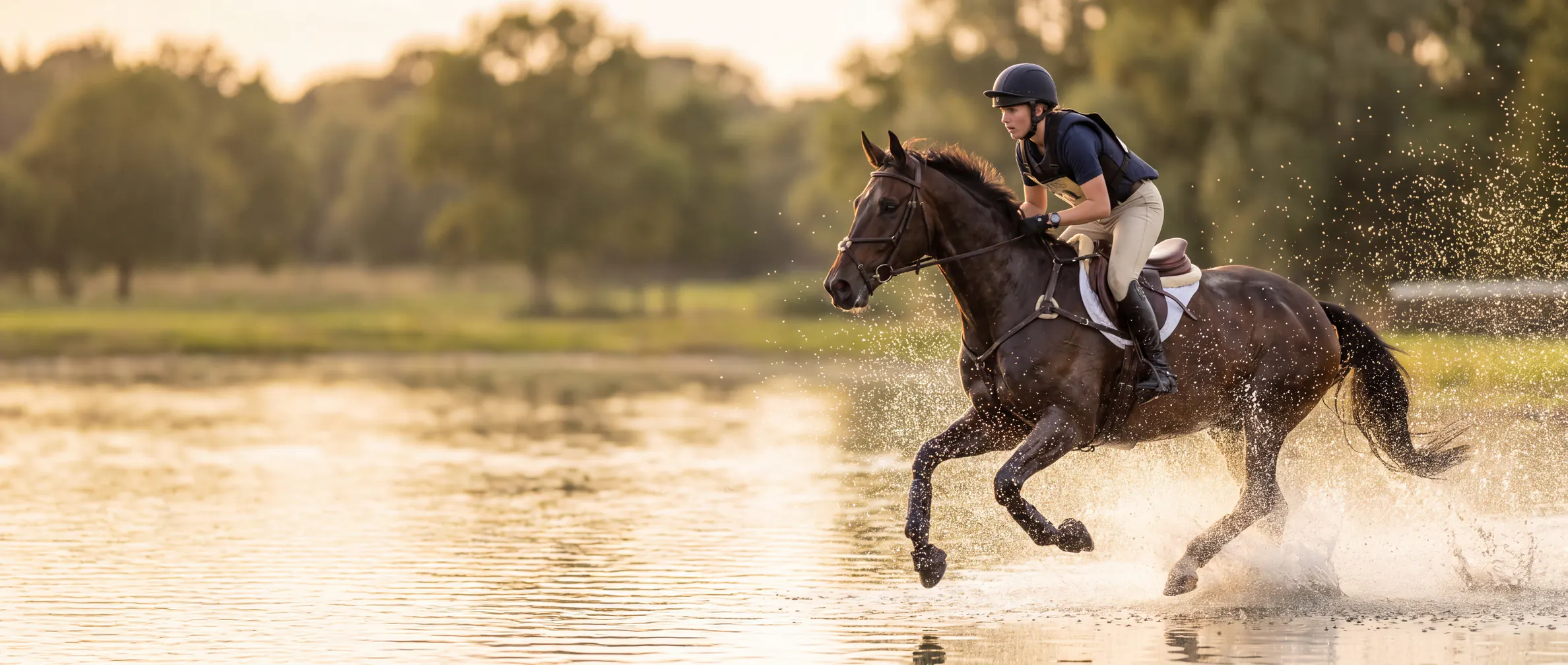 Jinete y caballo de deporte al galope por el agua en un recorrido de concurso completo